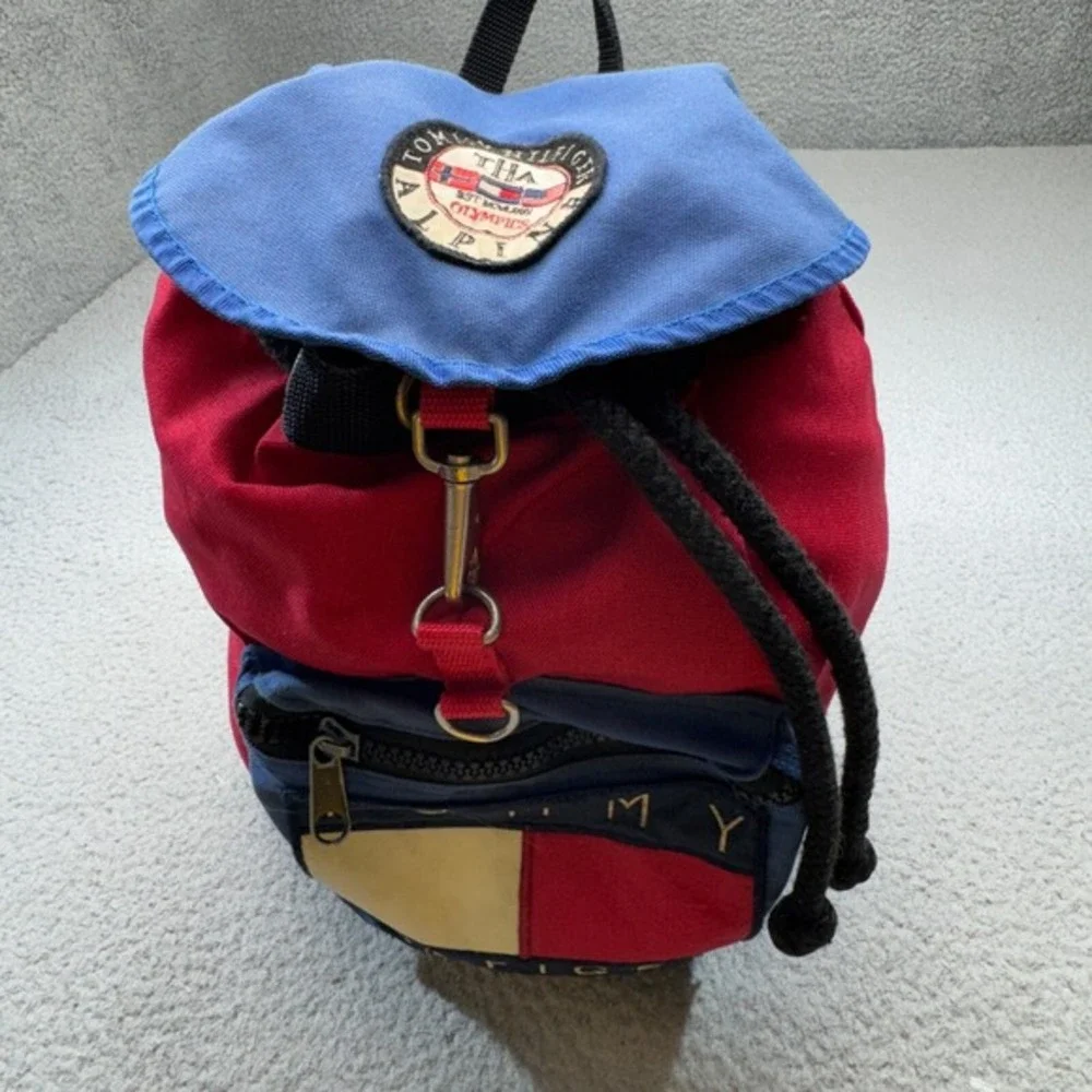 VINTAGE Tommy Hilfiger Backpack Red Blue 90s Alpine Olympics Patch Cinch Canvas